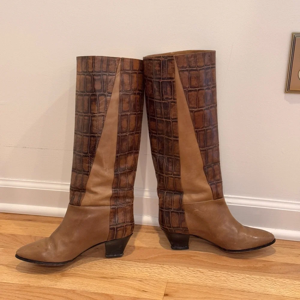 Vintage‎ Giuliano ai Firenze Tall Boots Brown Leather Croc Print Size 8M